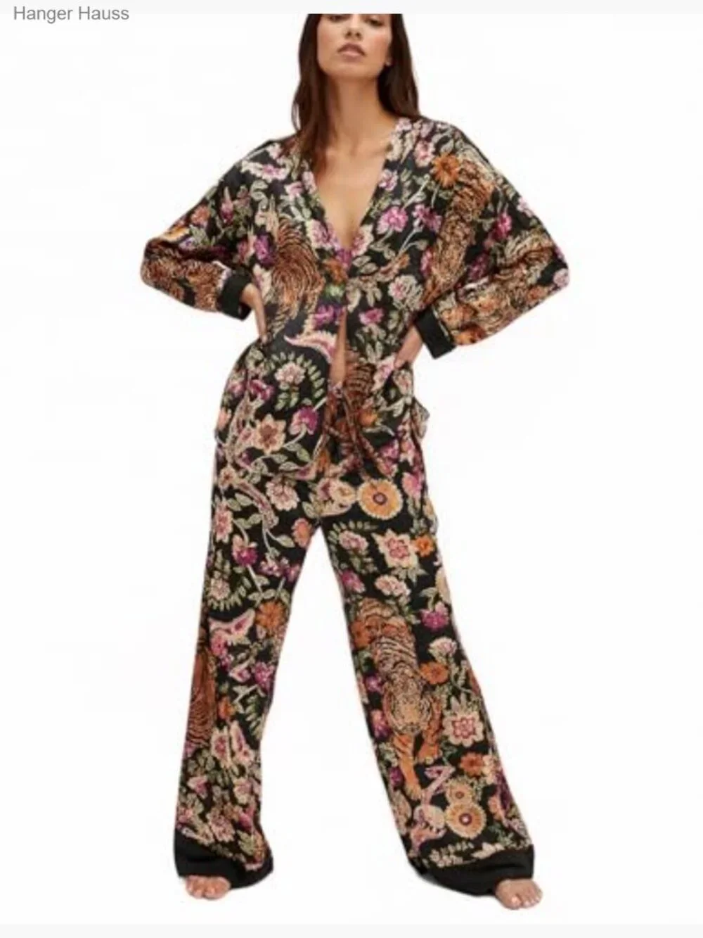 Women Satin Pajama Set 2 Piece Floral Long Sleeve Button Down Wide Leg Pants